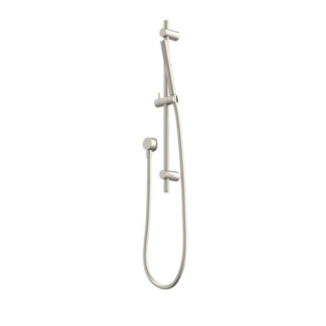 Caroma Liano II rail shower in brushed nickel, with handset, rail and hose on white background
