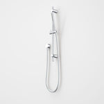 Caroma Liano II chrome rail shower with handheld shower, slide rail and hose, wall mounted on a white background