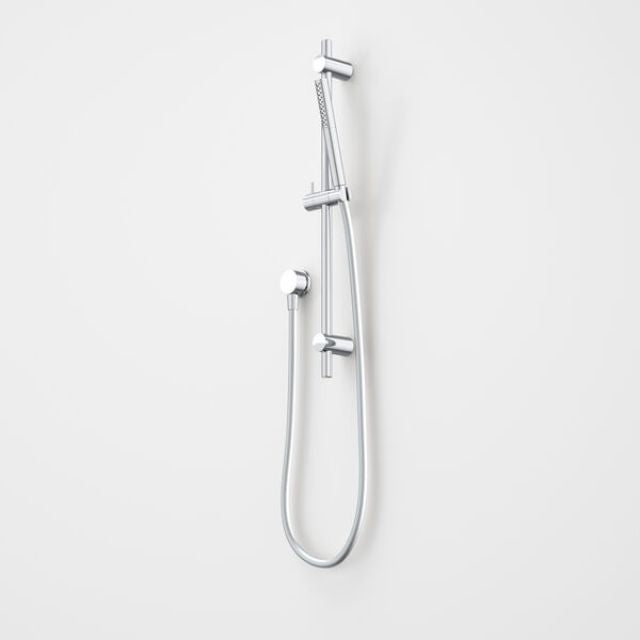 Caroma Liano II chrome rail shower with handheld shower, slide rail and hose, wall mounted on a white background