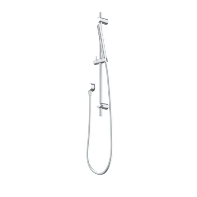 Caroma Liano II chrome rail shower with handset, slide rail and hose, wall mounted on white background