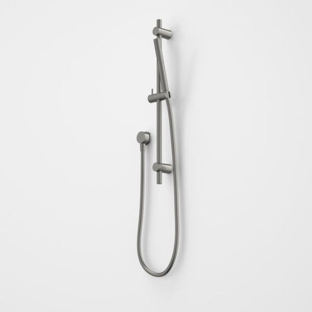 Caroma Liano II rail shower in gunmetal, wall-mounted with microphone handset and hose on a white background