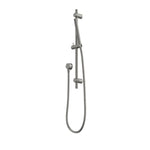 Caroma Liano II rail shower in gunmetal with handheld shower, wall-mounted rail and hose on white background