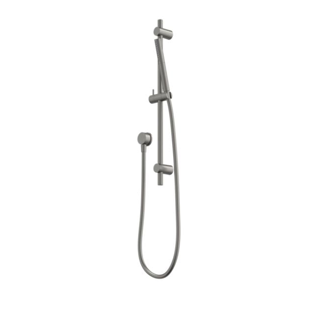 Caroma Liano II rail shower in gunmetal with handheld shower, wall-mounted rail and hose on white background
