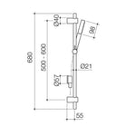Caroma Liano II rail shower technical drawing in gunmetal, showing dimensions and wall-mounted shower rail with handset angle.