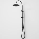 Caroma Liano II black rail shower with overhead rain head and hand shower on wall-mounted rail