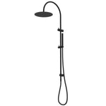 Caroma Liano II black rail shower with overhead, round rain shower head and hand shower on rail