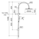 Caroma Liano II black rail shower technical drawing, showing overhead rain shower, hand shower and dimensions