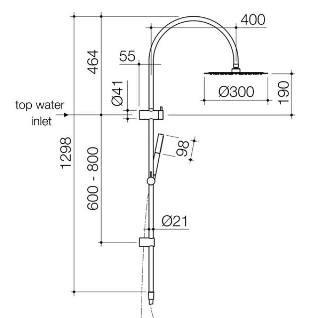 Caroma Liano II black rail shower technical drawing, showing overhead rain shower, hand shower and dimensions