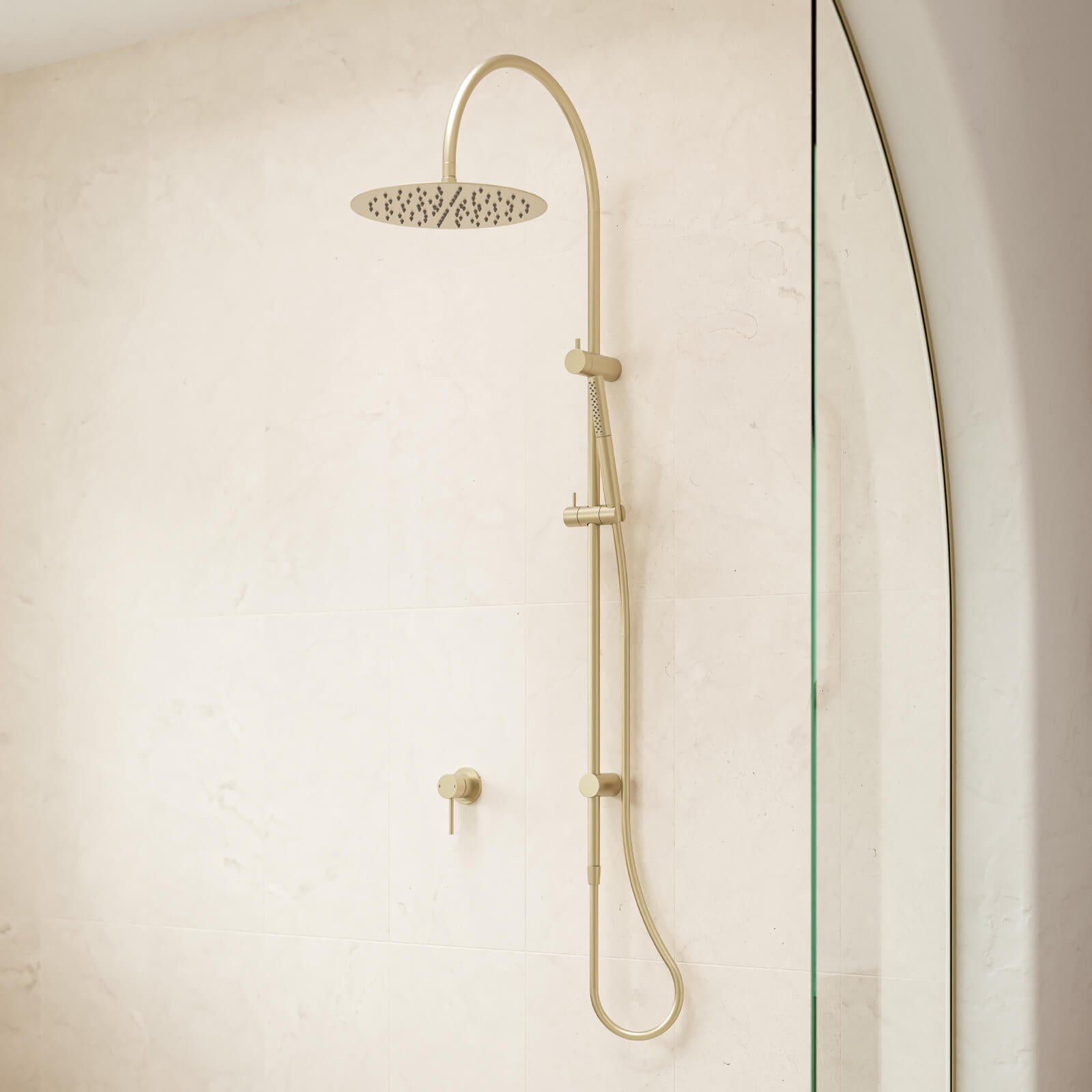 Caroma Liano II rail shower with overhead in brushed brass, wall mounted in a bathroom setting