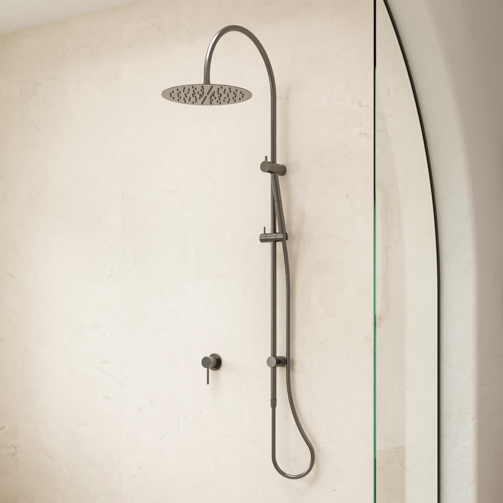 Caroma Liano II rail shower with overhead in gunmetal finish, wall mounted in a modern tiled bathroom