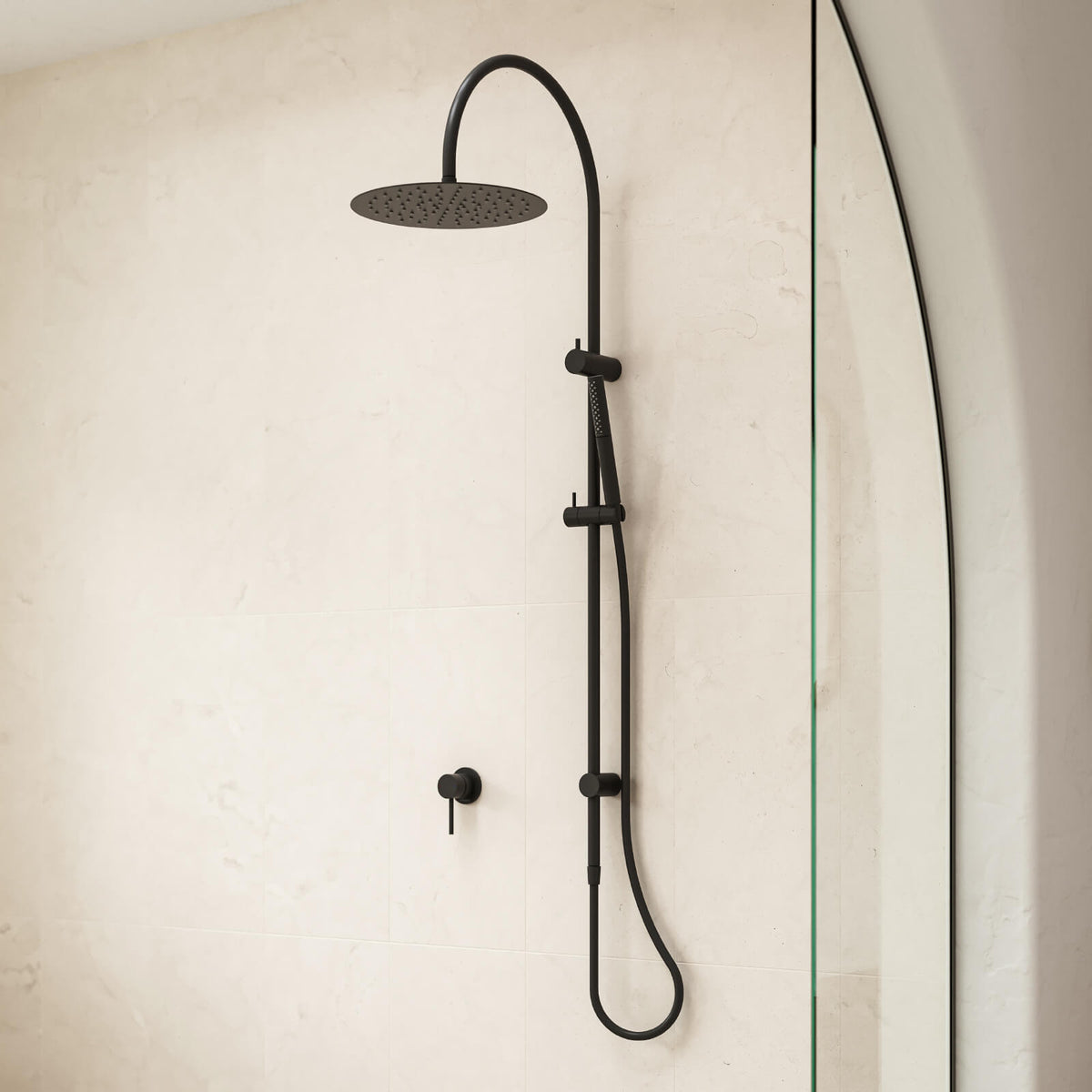 Caroma Liano II black rail shower with overhead rain showerhead and hand shower in a bathroom wall setting