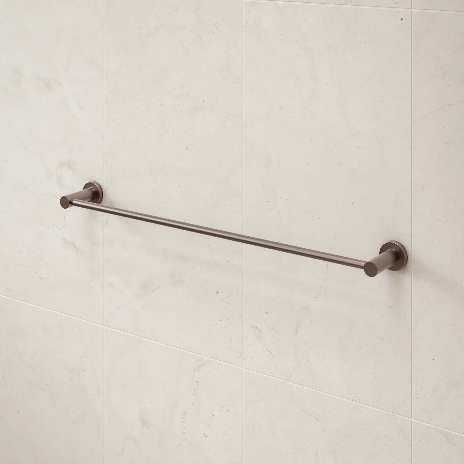 Caroma Liano II single towel rail in brushed bronze, mounted on a tiled bathroom wall