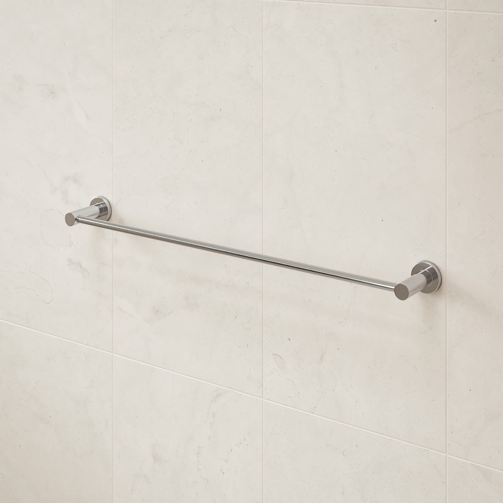 Caroma Liano II single towel rail in chrome, wall-mounted on light tiled bathroom wall, side view
