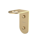 Caroma Liano II soap bottle holder in brushed brass, wall-mounted bathroom accessory with round top ring and fixings viewed on white background