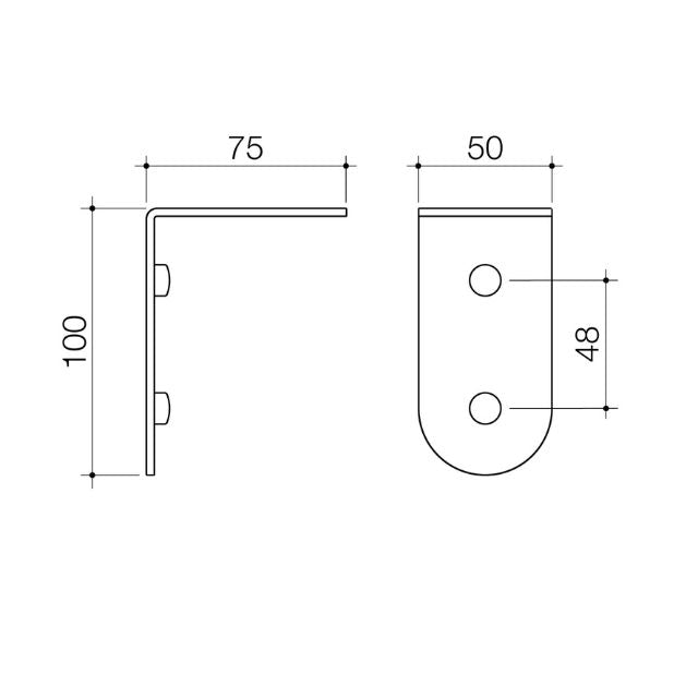 Technical drawing of Caroma Liano II soap bottle holder, showing brushed bronze wall-mounted dimensions 100 x 75 x 50 mm and 48 mm fixing distance