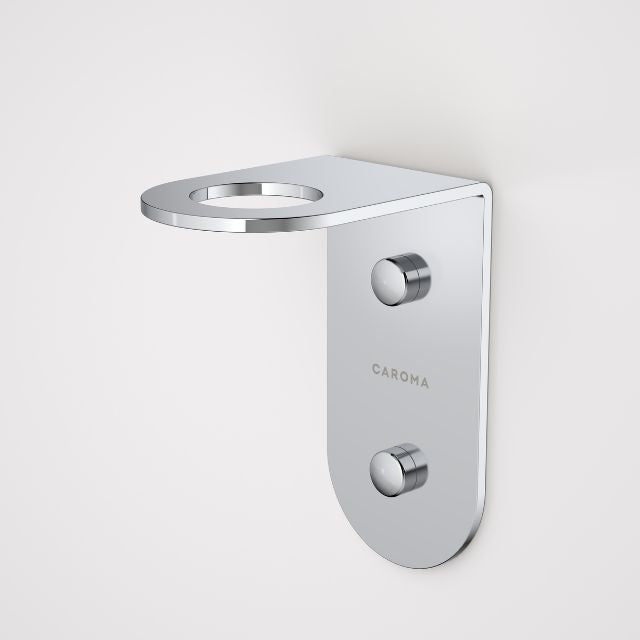 Caroma Liano II chrome soap bottle holder, wall-mounted stainless steel bathroom accessory on white background