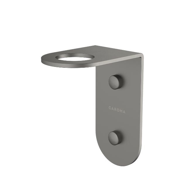 Caroma Liano II gunmetal soap bottle holder, wall-mounted stainless steel bathroom accessory with rounded shelf detail