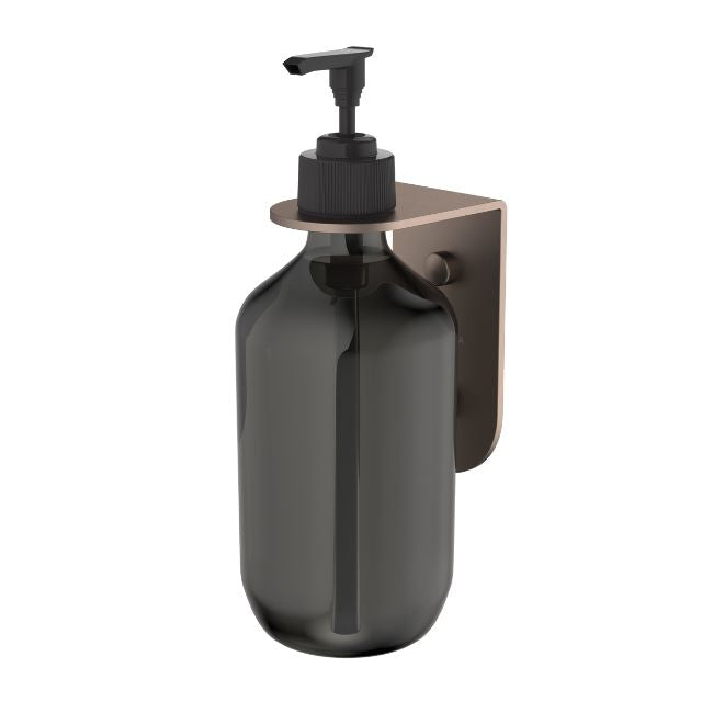 Caroma Liano II wall-mounted soap bottle holder in brushed bronze, holding a dark soap dispenser bottle