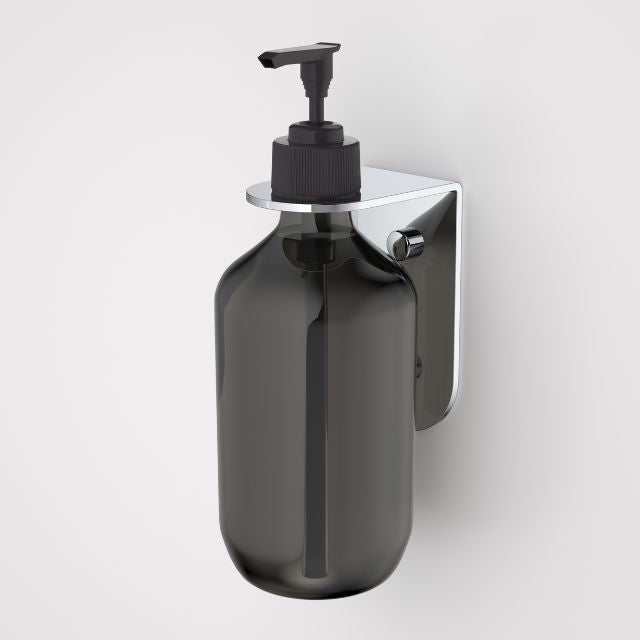 Caroma Liano II chrome soap bottle holder with mounted dispenser bottle, front view on white background