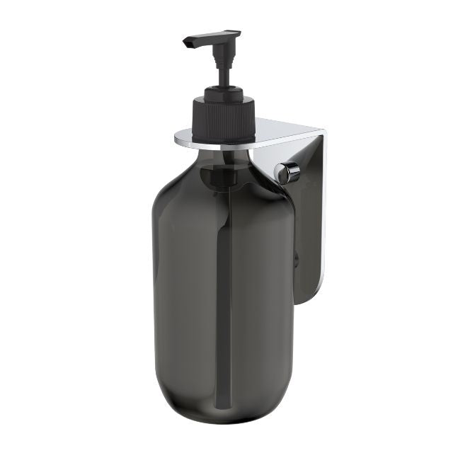 Caroma Liano II chrome soap bottle holder with mounted pump bottle in wall-fixed bathroom setting