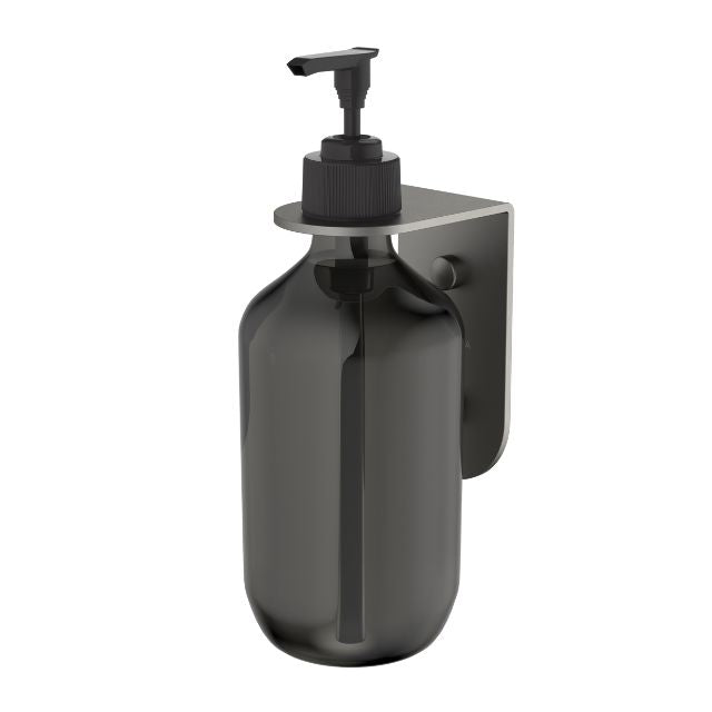 Caroma Liano II gunmetal soap bottle holder with wall bracket and refill bottle, front view on white background