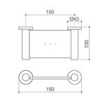 Caroma Liano II soap dish technical drawing, brushed brass wall-mounted holder with dimensions 193 x 100 mm and 150 mm fixing distance