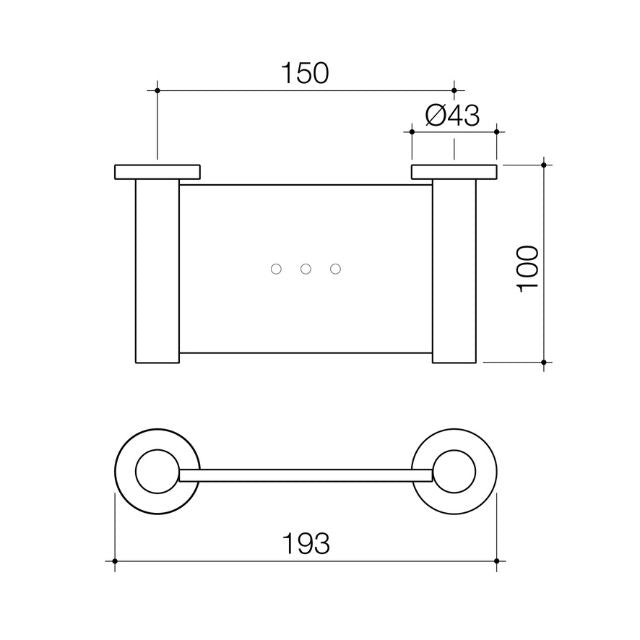 Caroma Liano II soap dish technical drawing, brushed brass wall-mounted holder with dimensions 193 x 100 mm and 150 mm fixing distance