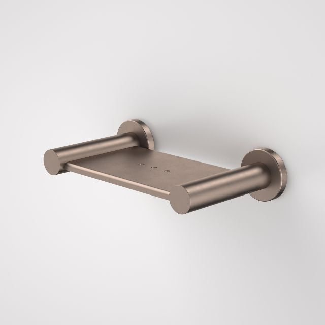 Caroma Liano II brushed bronze soap dish with wall-mounted stainless steel shelf and round brackets