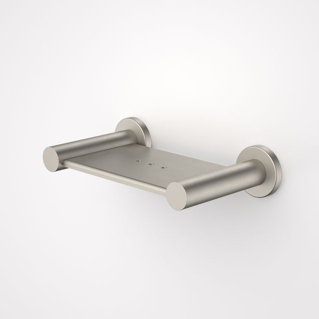 Caroma Liano II brushed nickel wall-mounted soap dish, stainless steel, with round plates and slim tray