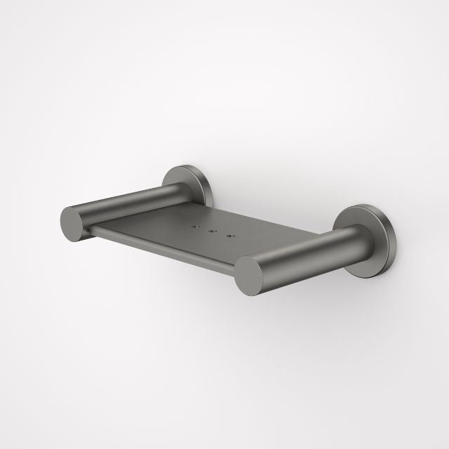 Caroma Liano II wall-mounted soap dish in gunmetal stainless steel, shown in a front angled view