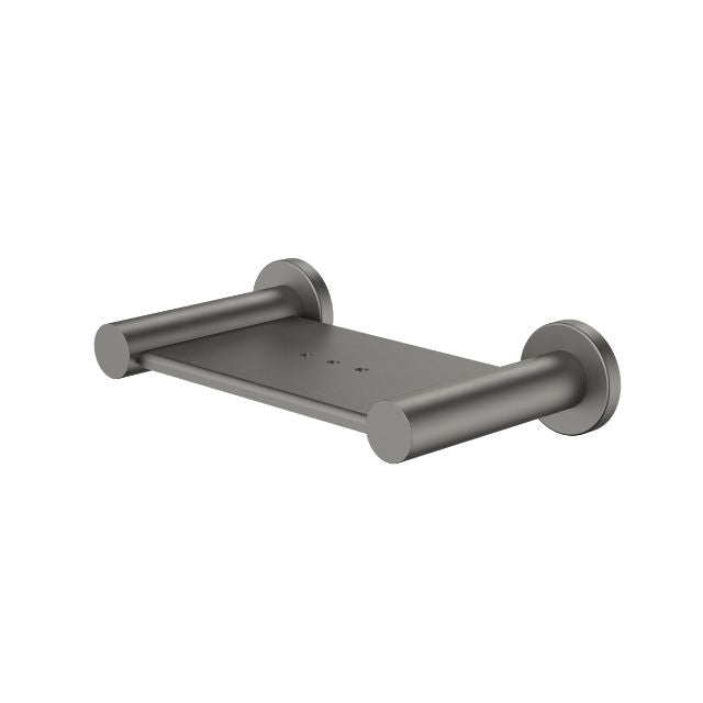 Caroma Liano II gunmetal soap dish with wall-mounted stainless steel shelf and round fixings