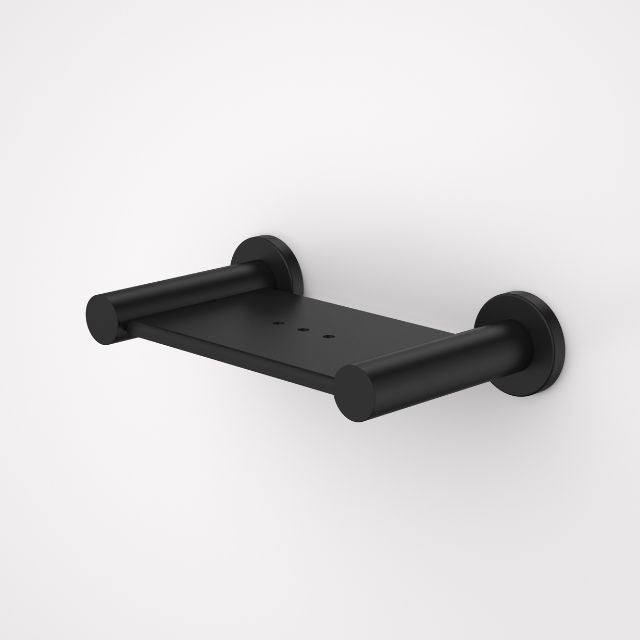 Caroma Liano II matte black wall-mounted soap dish with round fixing plates and slim stainless steel tray