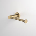 Caroma Liano II brushed brass toilet roll holder, wall-mounted with round back plate and sleek cylindrical arm