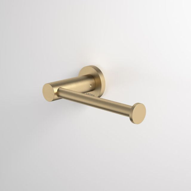Caroma Liano II brushed brass toilet roll holder, wall-mounted with round back plate and sleek cylindrical arm