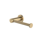 Caroma Liano II brushed brass toilet roll holder with wall plate and round end cap, angled on white background