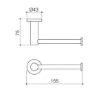 Caroma Liano II toilet roll holder technical drawing in brushed brass, showing 155mm length, 75mm projection and Ø43 plate.