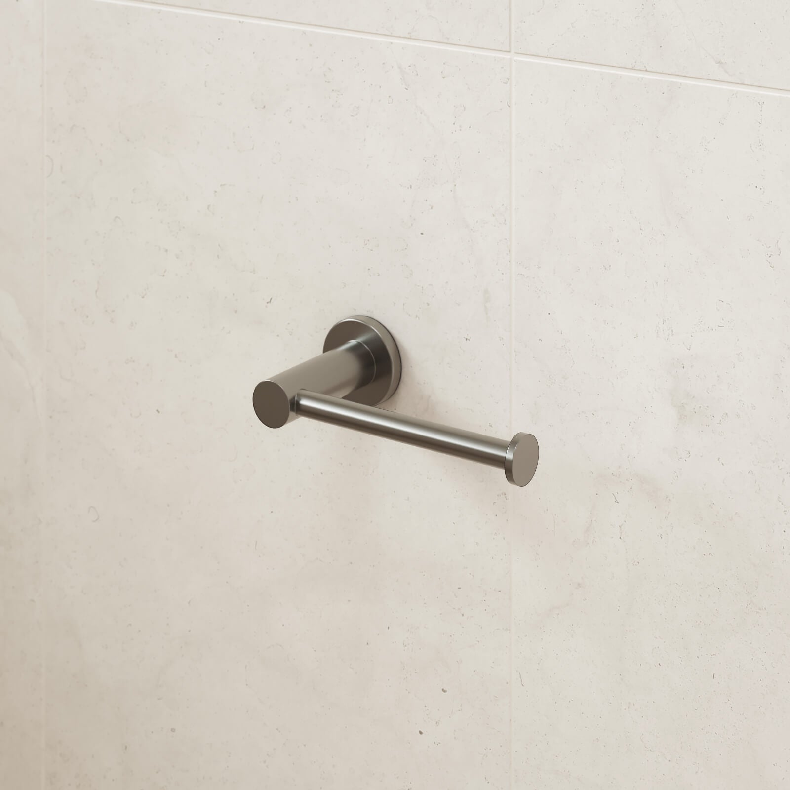 Caroma Liano II gunmetal toilet roll holder on white tiled bathroom wall, side view