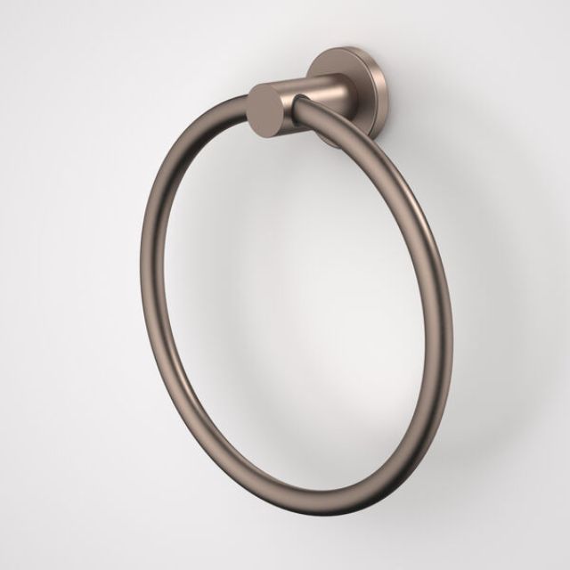 Caroma Liano II brushed bronze towel ring with round wall plate and oval hoop, shown in front view on white background