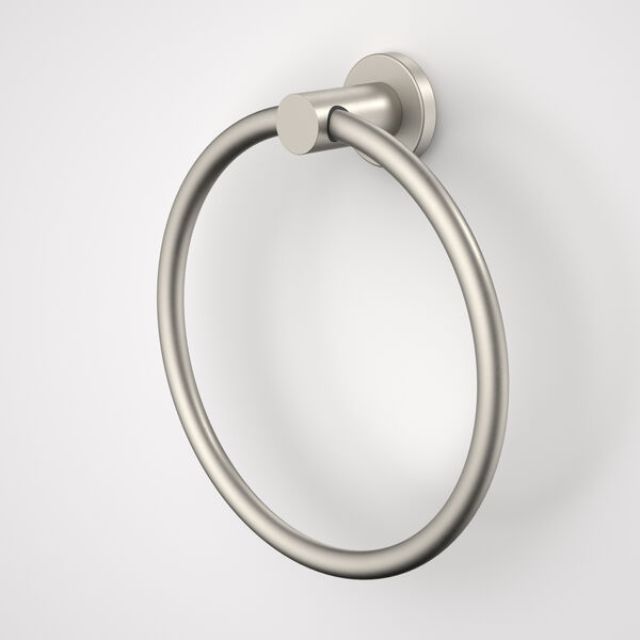 Caroma Liano II brushed nickel towel ring, round wall-mounted bathroom hand towel holder on white background