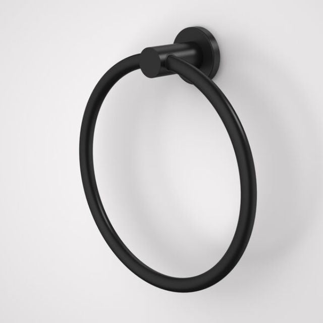 Caroma Liano II matte black towel ring on round wall plate, minimalist bathroom hand towel holder