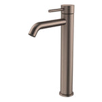 Caroma Liano II tower basin mixer in brushed bronze, tall round tap with single lever and curved spout on white background