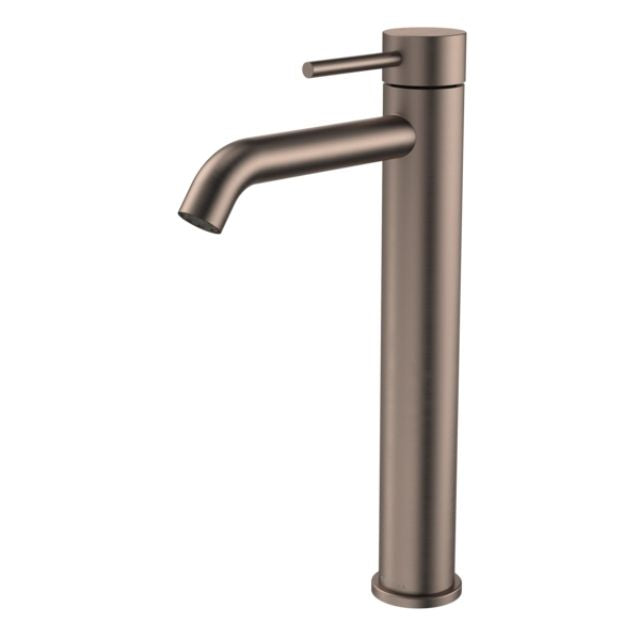 Caroma Liano II tower basin mixer in brushed bronze, tall round tap with single lever and curved spout on white background