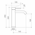 Caroma Liano II tower basin mixer technical drawing in brushed bronze, showing measurements and side view