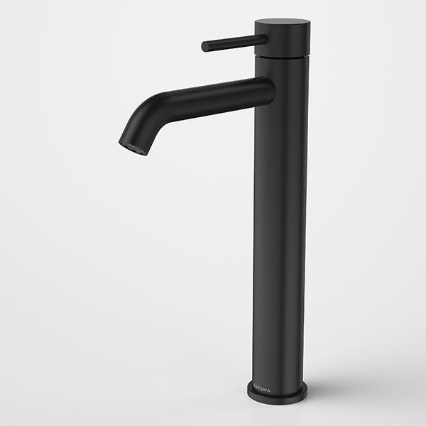 Caroma Liano II matte black tower basin mixer tap with tall cylindrical body and curved spout, front view