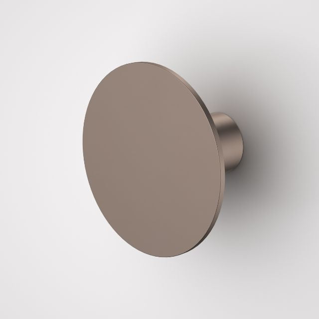 Caroma Liano II large wall hook in brushed bronze, round minimalist bathroom robe hook on white background