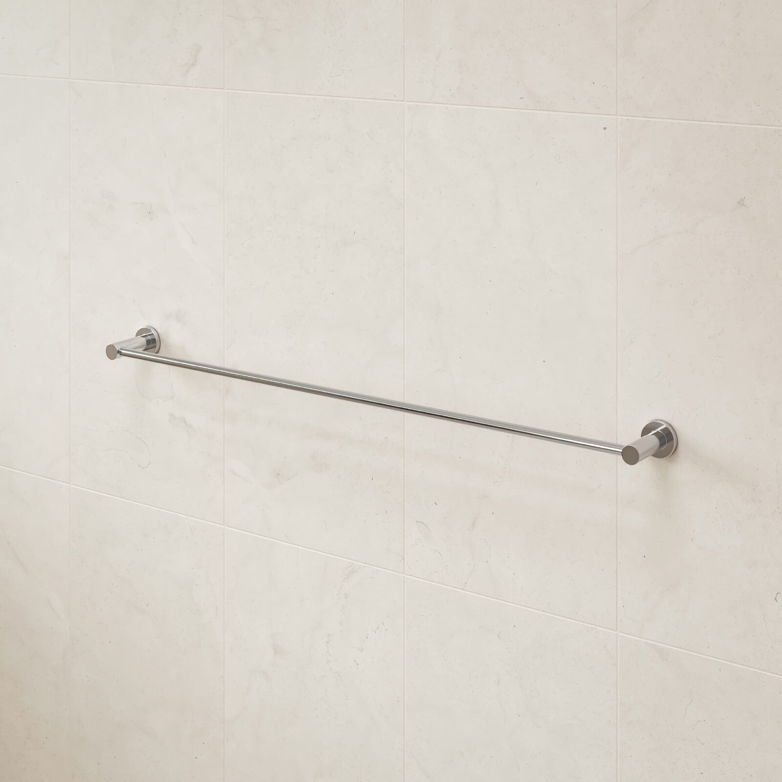 Caroma Liano II single towel rail in chrome, mounted horizontally on a tiled bathroom wall