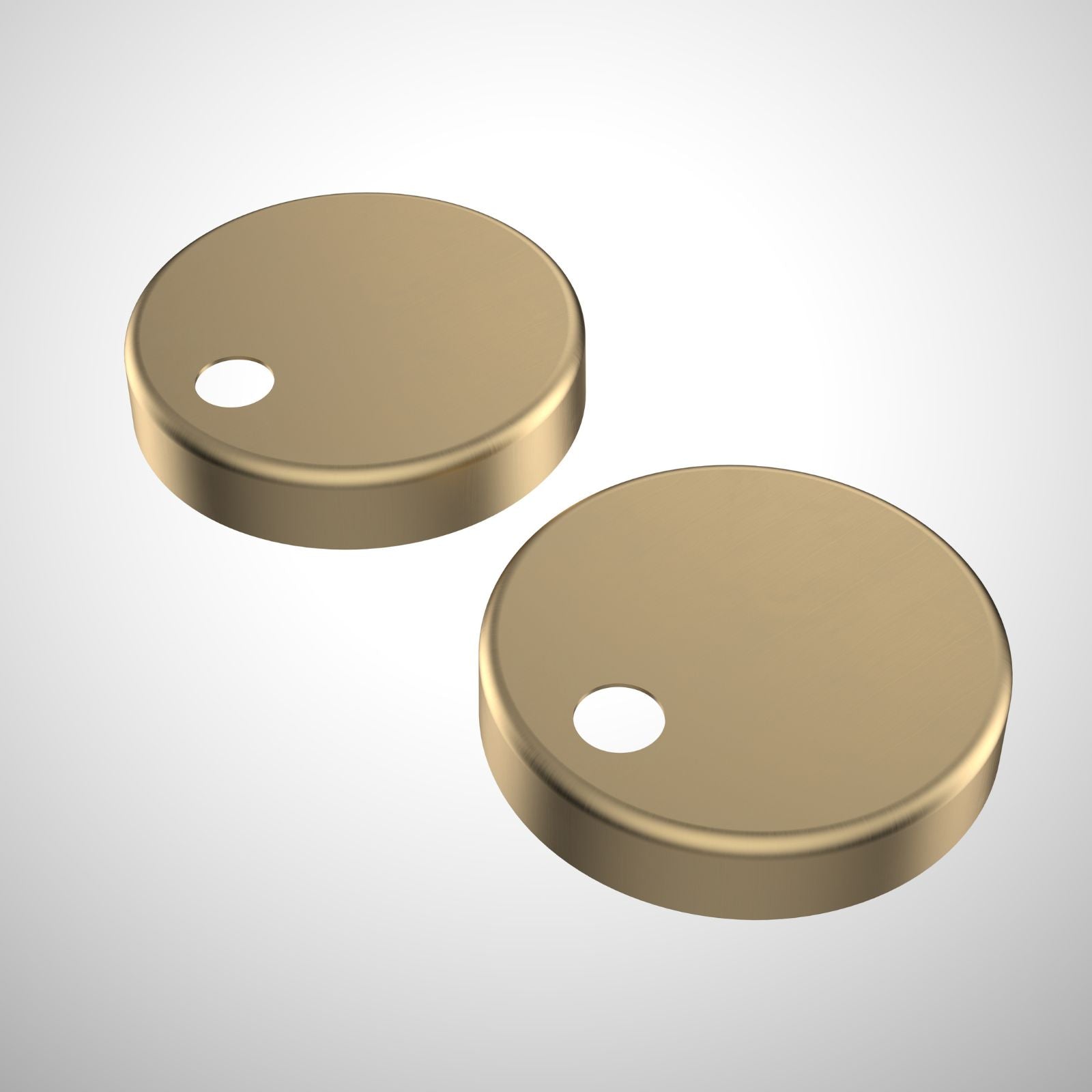Caroma brushed brass toilet seat hinge caps, shown as two round metal caps on a white background