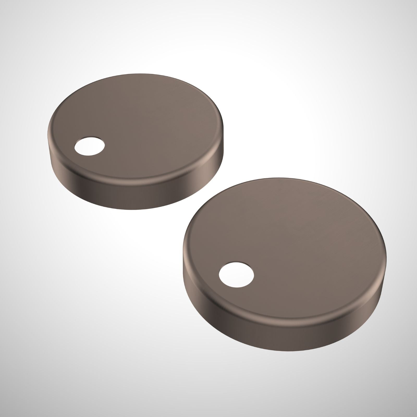 Caroma toilet seat hinge caps, brushed bronze, shown as a pair on a white background