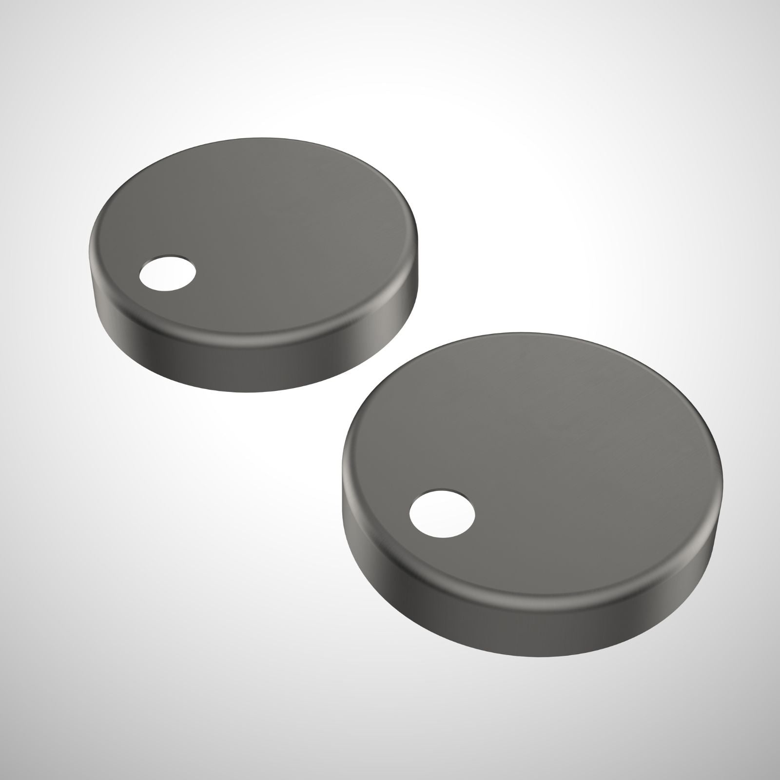 Caroma gunmetal toilet seat hinge caps, pair of round covers on white background