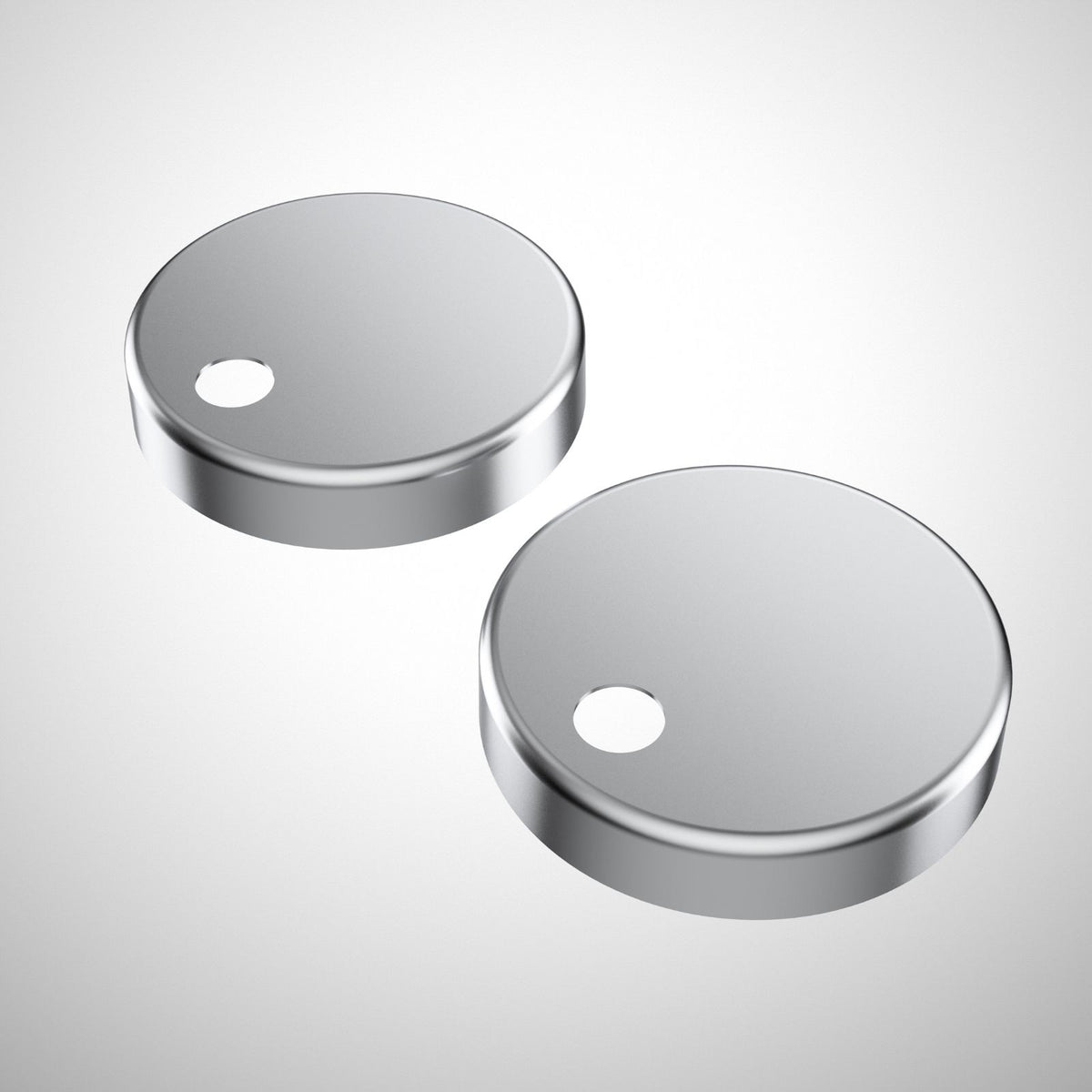 Caroma stainless steel toilet seat hinge caps, two round replacement caps on a white background